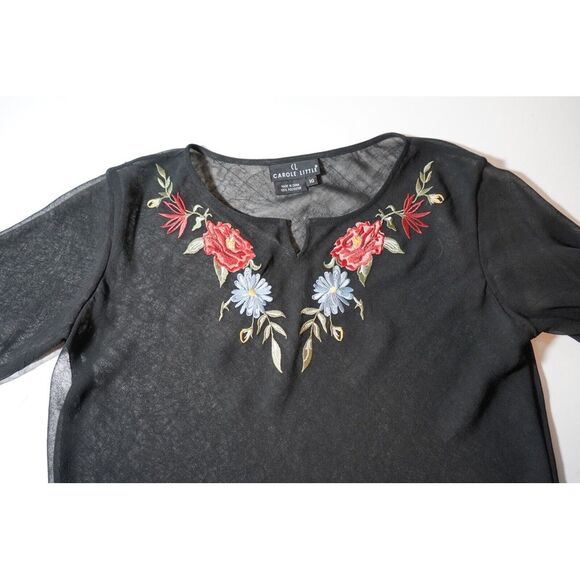 Carole Little Embroidered Mesh Sheer Long Sleeve Black Floral Top,‎ Size 10 - Picture 1 of 9